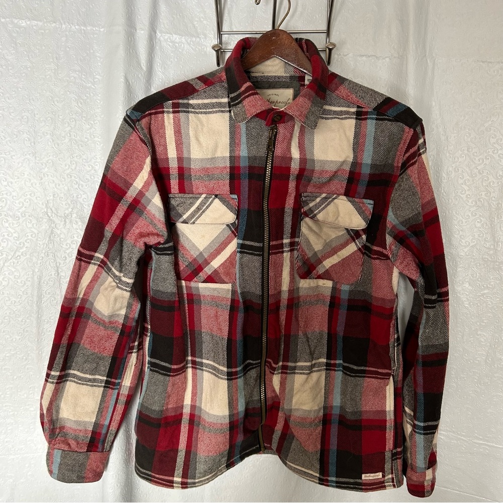Men’s WEATHERPROOF VINTAGE Red Plaid Flannel Shirt Jacket Zip 100% Cotton Size L